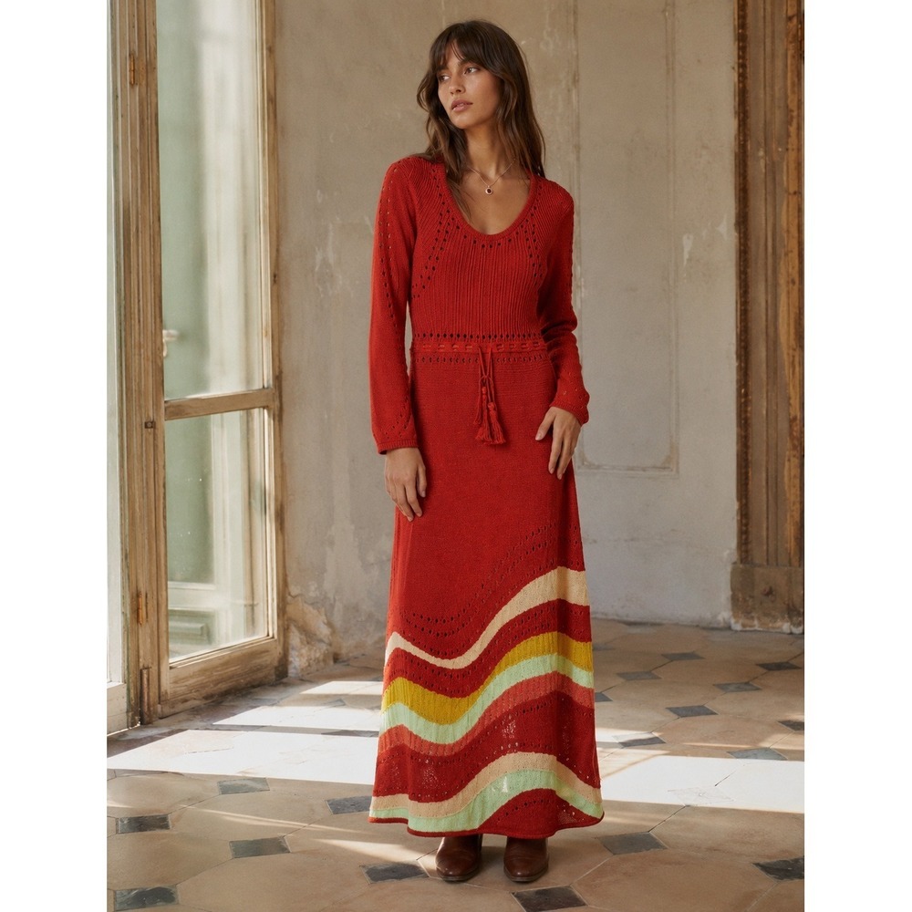 Hayley Menzies Waves Cotton Intarsia Dress Rust Orange Knit Maxi Size M
